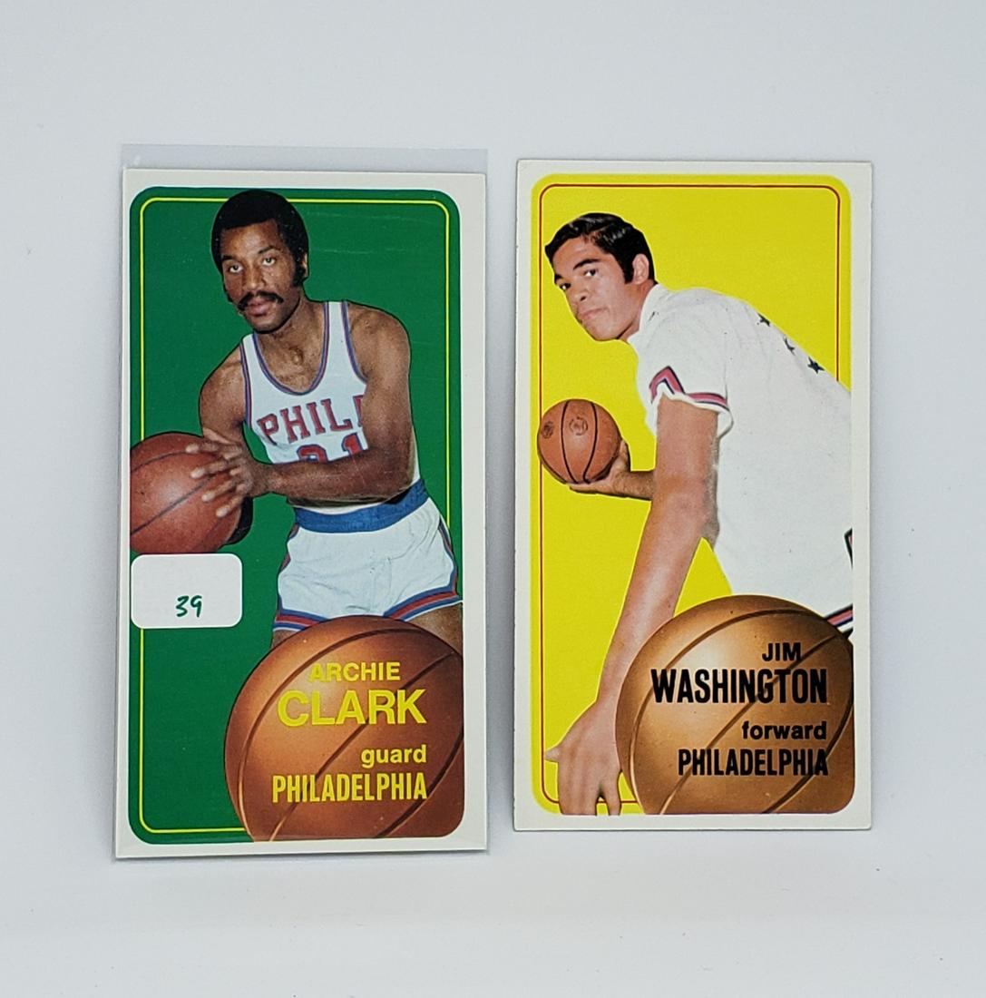VINTAGE NBA BASKETBALL CARDS HIGH GRADE 1970 TOPPS TALL: LOT OF 2 PHILADELPHIA 76ers CARDS WITH ARCHIE CLARK AND FRED FOSTER