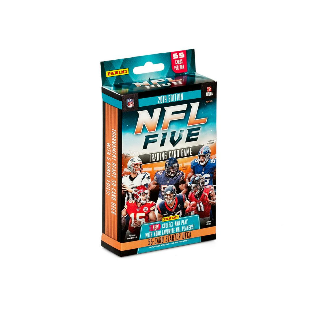2019 Panini NFL Five Trading Card Game Starter Kit Box: Starter Deck: 50-card deck, 5 foil parallels and 2 punch-out game play cards. Also includes 1 rulebook and 1 play mat.