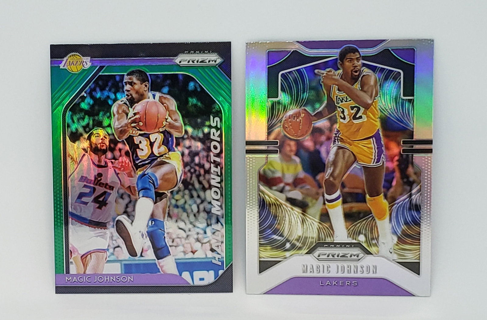 MAGIC JOHNSON PANINI PRIZM SILVER AND GREEN PRIZMS: 2018 GREEN PRIZM HAL MONITIRS INSERT, 2019 PRIZM SILVER