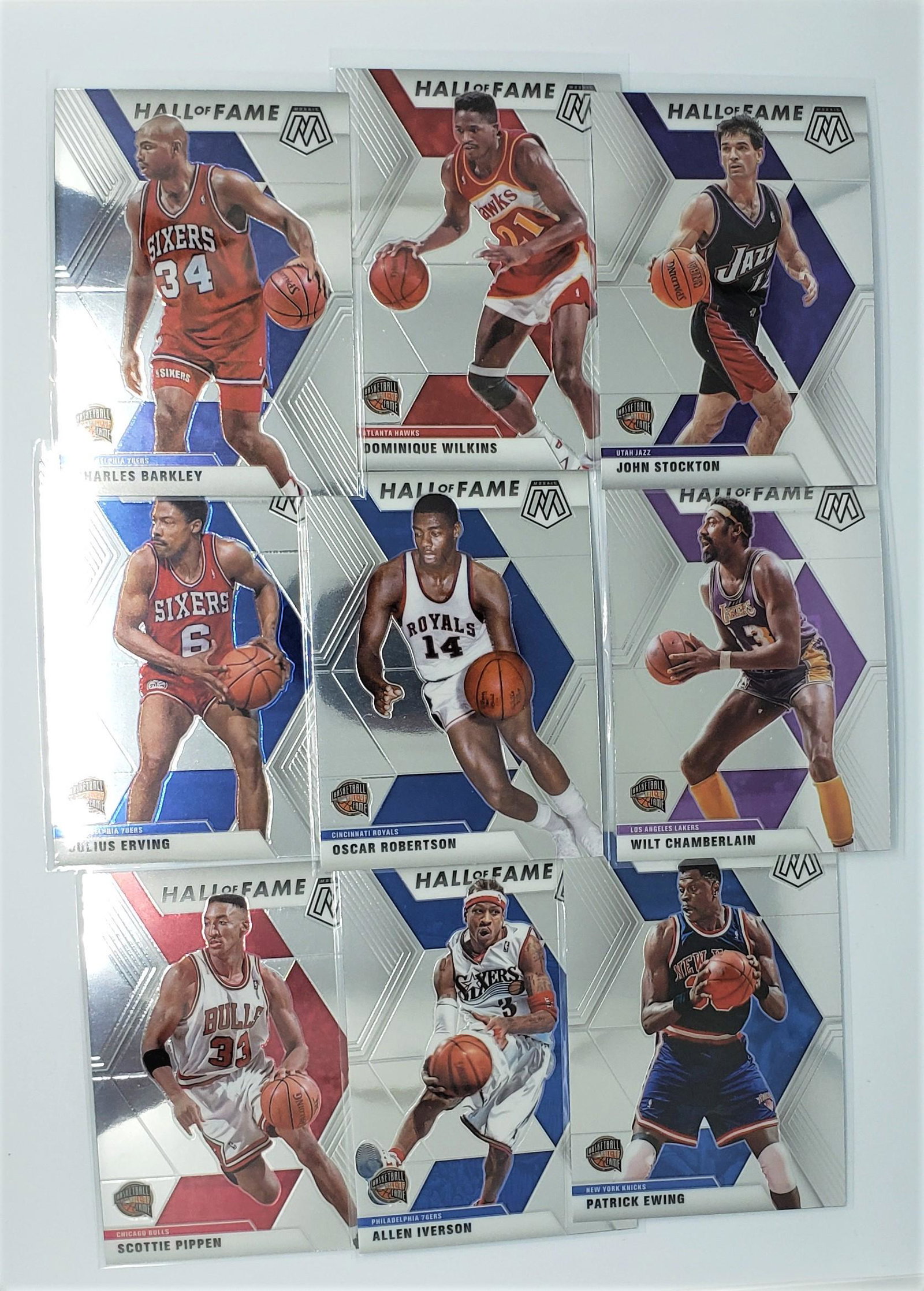 LOT OF 9 PANINI MOSAIC HALL OF FAME INSERTS: JOHN STOCKTON, ALLEN IVERSON, SCOTTIE PIPPEN, OSCAR ROBERTSON