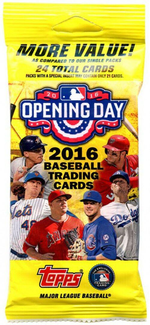 2016 Topps BASEBALL Opening Day Baseball Fat Pack: Opening Day Relics Cards featuring game-worn uniforms or game-used bats for 10 top players.
