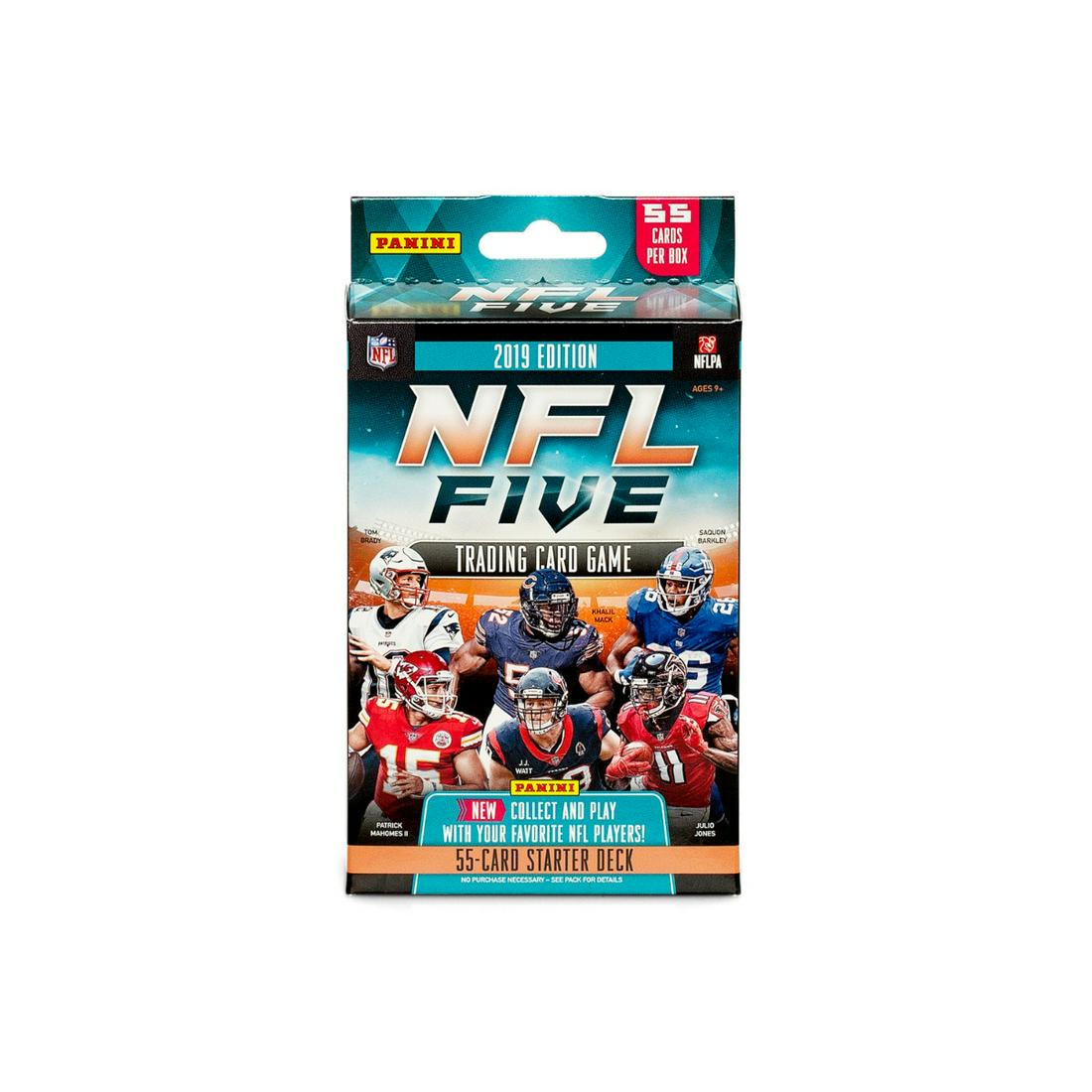 2019 Panini NFL Five Trading Card Game Starter Kit Box: Starter Deck: 50-card deck, 5 foil parallels and 2 punch-out game play cards. Also includes 1 rulebook and 1 play mat.