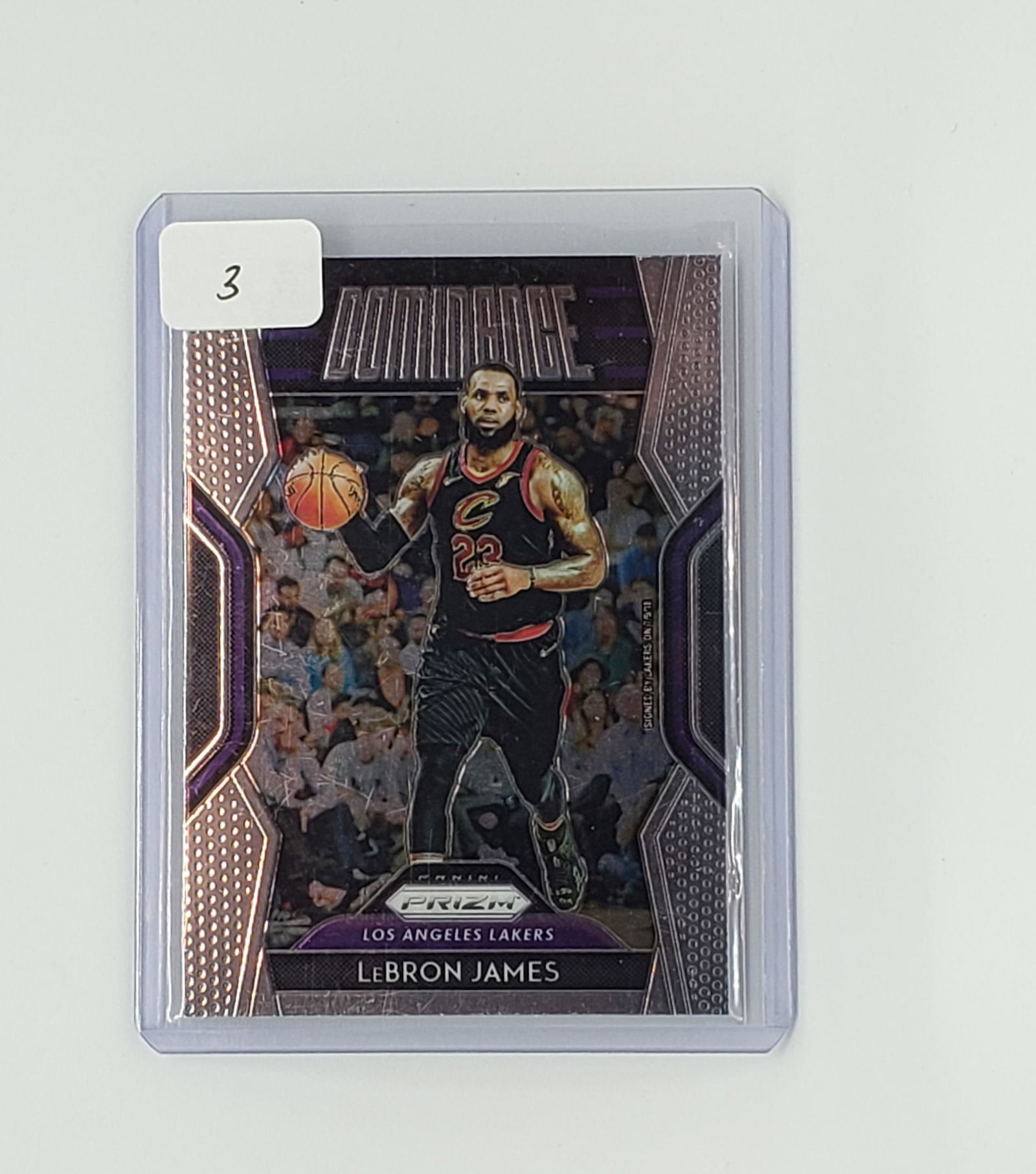 LEBRON JAMES DOMINANCE PANINI PRIZM LA LAKERS: 2018-19 PRIZM LEBRON JAES DOMINANCE CAVALIERS PHOTO WITH LAKERS NAME PLATE ON CARD