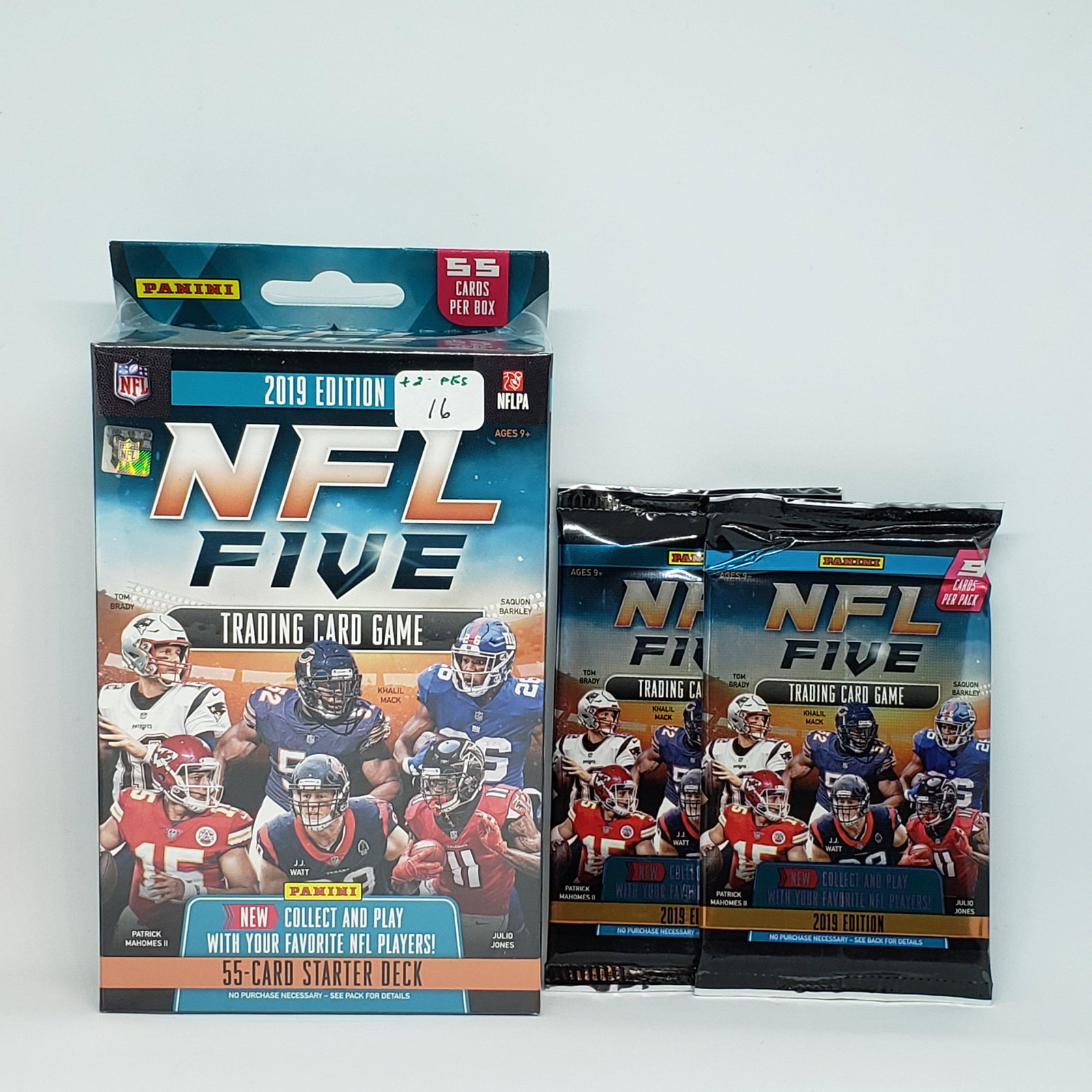 2019 Panini NFL Five Trading Card Game Starter Kit Box: Starter Deck: 50-card deck, 5 foil parallels and 2 punch-out game play cards. Also includes 1 rulebook and 1 play mat. PLUS 2 BONUS BOOSTER PACKS