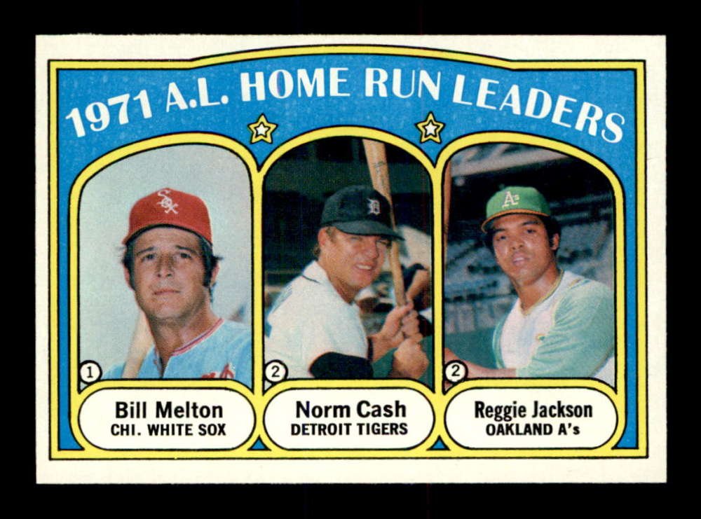 VINTAGE TOPPS BASEBALL AL HR Leaders HOF: 1972 Topps Baseball Cards #90 Bill Melton/Norm Cash/Reggie Jackson AL HR Leaders HOF