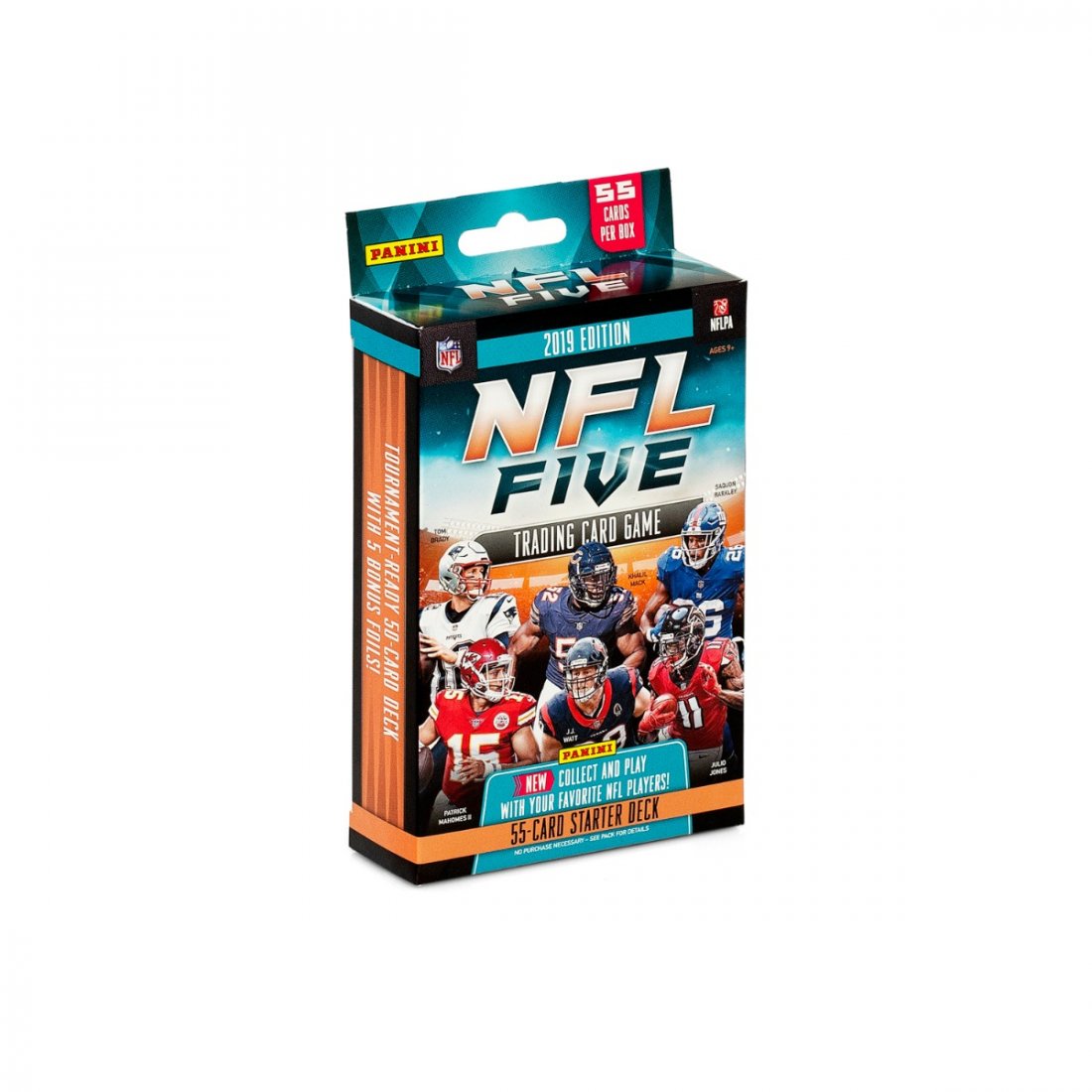 2019 Panini NFL Five Trading Card Game Starter Kit Box: Starter Deck: 50-card deck, 5 foil parallels and 2 punch-out game play cards. Also includes 1 rulebook and 1 play mat.