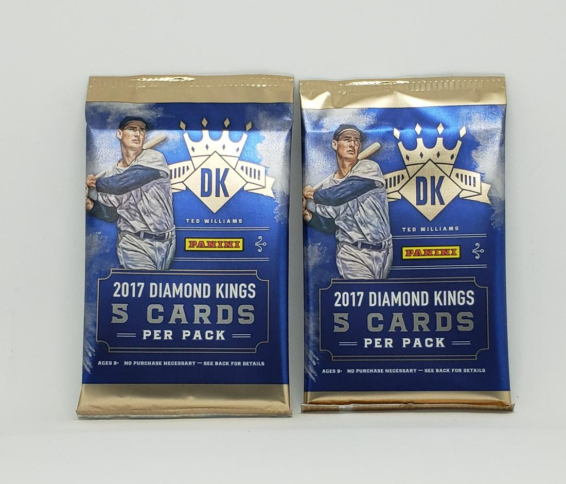 2-PACKS OF 2017 DIAMOND KINGS UNOPENED BASEBALL CARDS: 2017 PANINI DIAMOND KING SEALED PACKS AARON JUDGE ROOKIE CARD, CODY BELLINGER ROOKIE CARD BABE RUTH, TED WILLIAMS MICKEY MANTLE INSERT CARDS