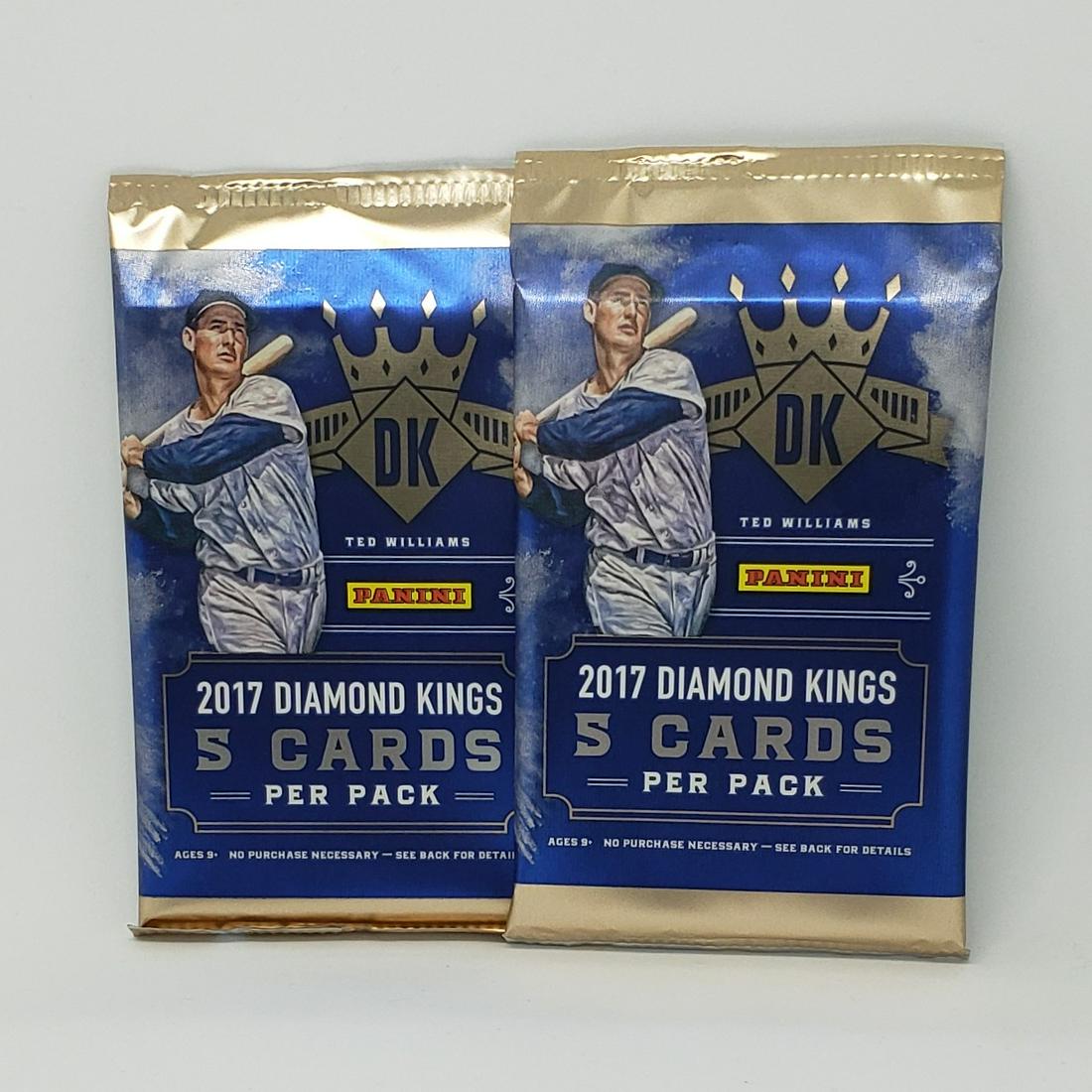 2-PACKS OF 2017 DIAMOND KINGS UNOPENED BASEBALL CARDS: 2017 PANINI DIAMOND KING SEALED PACKS AARON JUDGE ROOKIE CARD, CODY BELLINGER ROOK CARD BABE RUTH, TED WILLIAMS MICKEY MANTLE INSERT CARDS