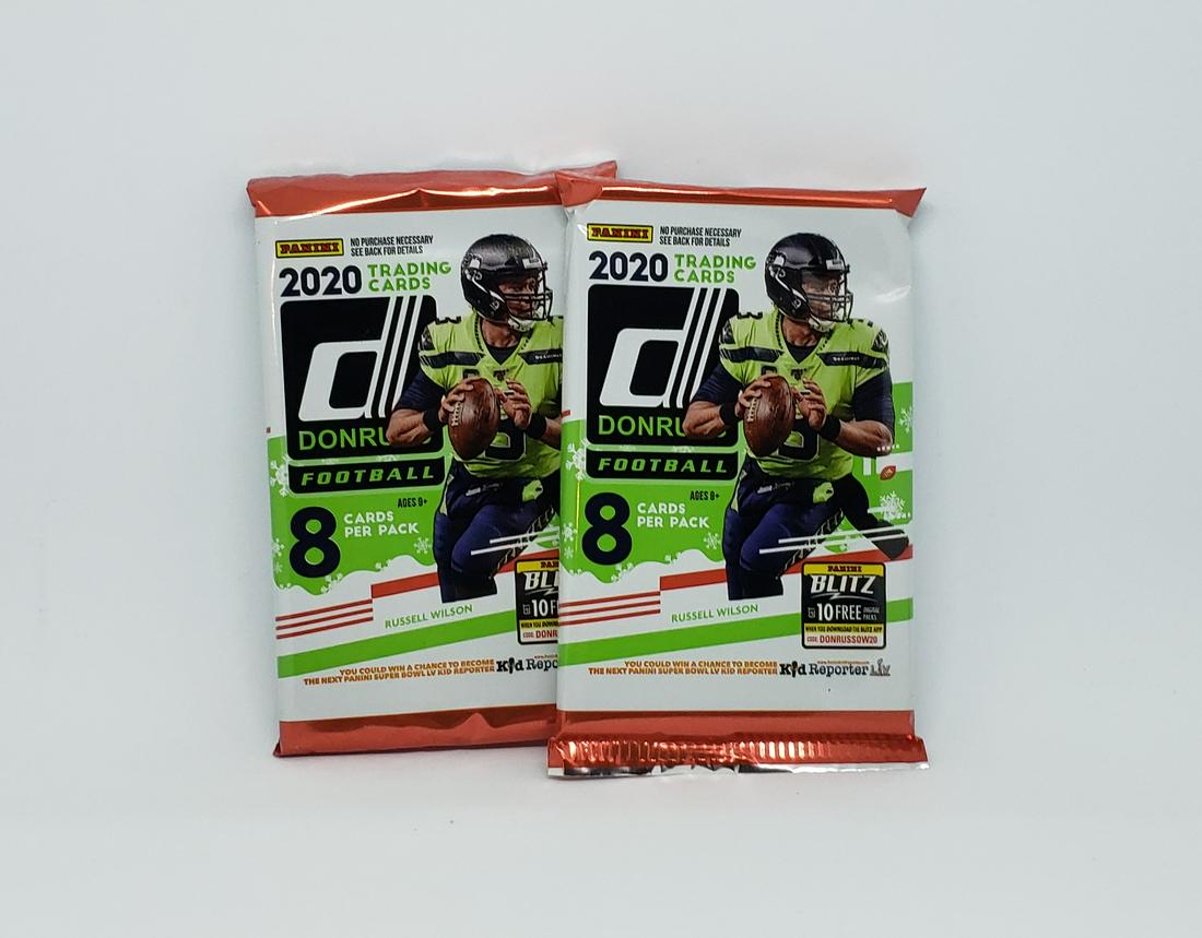 2020 DONRUSS FOOTBALL SEALED PACKS FROM HOLIDAY PACK: 2 PACKS 2020 DONRUSS FOOTBALL FROM ROOKIE HOLIDAY SWEATER RELIC PACKS