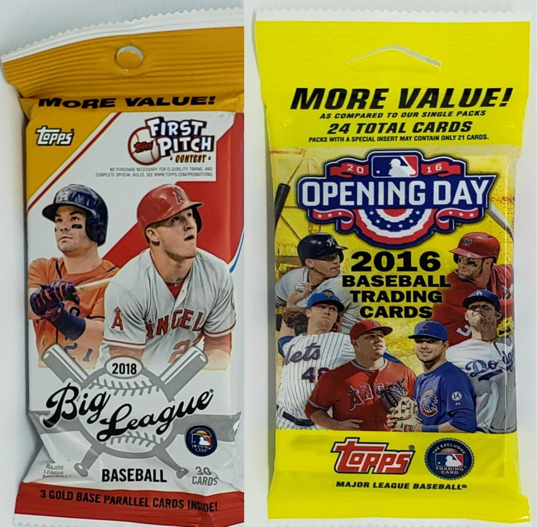 2 FACTORY SEALED FAT PACKS 2018 TOPPS BL, 2016 OPENING: LOT OF 2 VALUE "FAT" PACKS 1-2018 TOPPS BIG LEAGUE AND 1-2016 TOPPS OPENING DAY