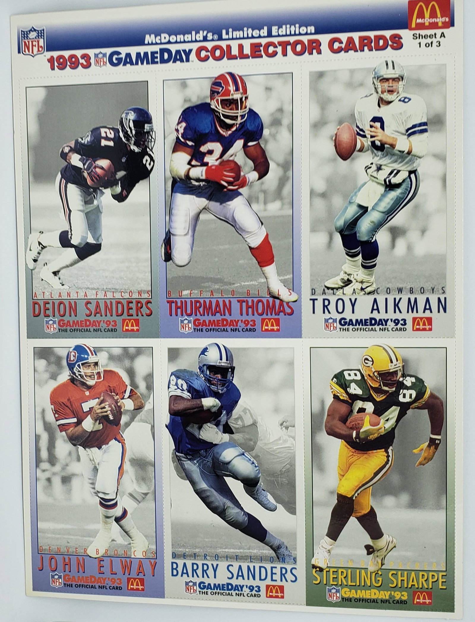 1993 MCDONALDS GAME DAY CARDS: STARRING TROY AIKMAN, STERLING SHARPE, BARRY SANDERS,ETC