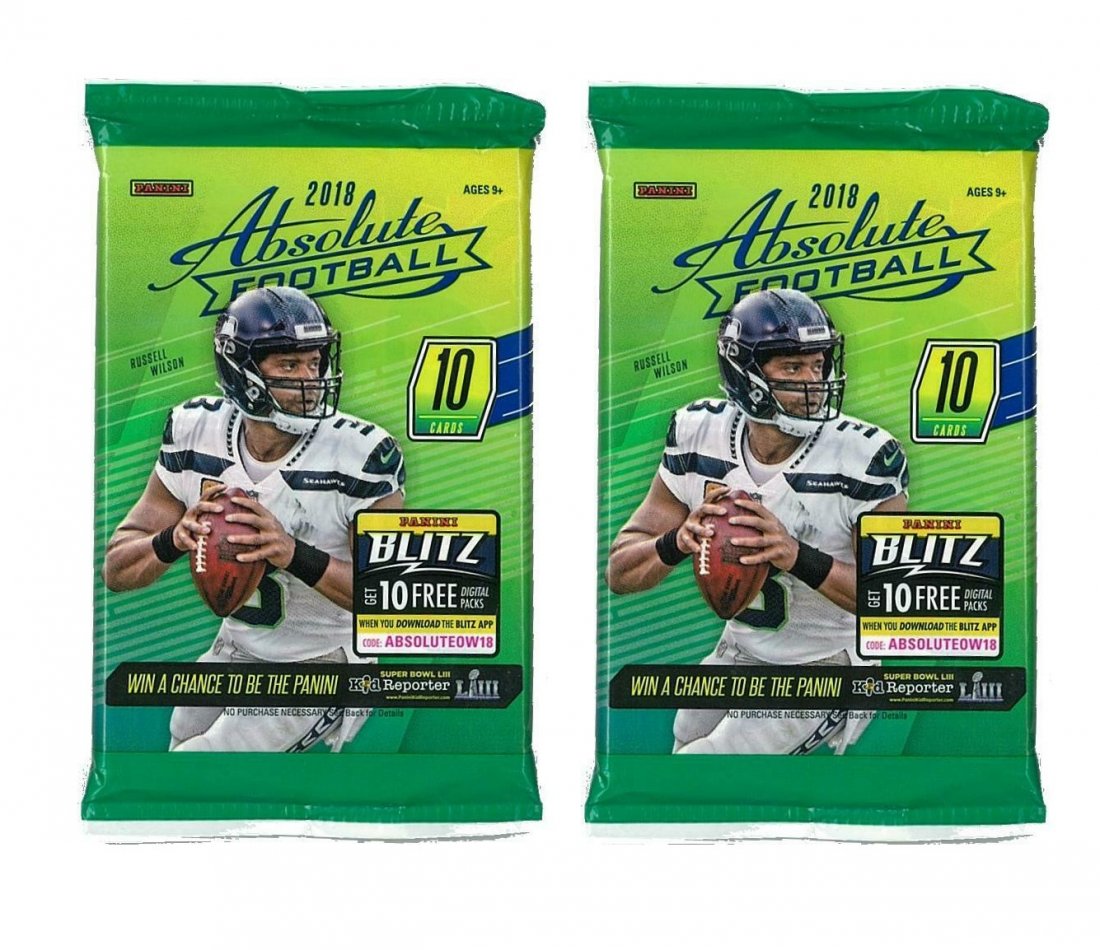2-2018 PANINI ABSOLUTE SEALED PACKS JOSH ALLEN RC?: 2 PACKS OF 2018 PANINI ABSOLUTE SEALED PACK JOSH ALLEN RC LAMAR JACKSON ROOKIE. POSSIBLY UNWRAPPED ONE OF MANY KEY ROOKIES IN THIS STACKED 2018 CLASS. BIG TRUSS, JOSH ALLEN QB BUFFALO BILLS, NICK CHUB