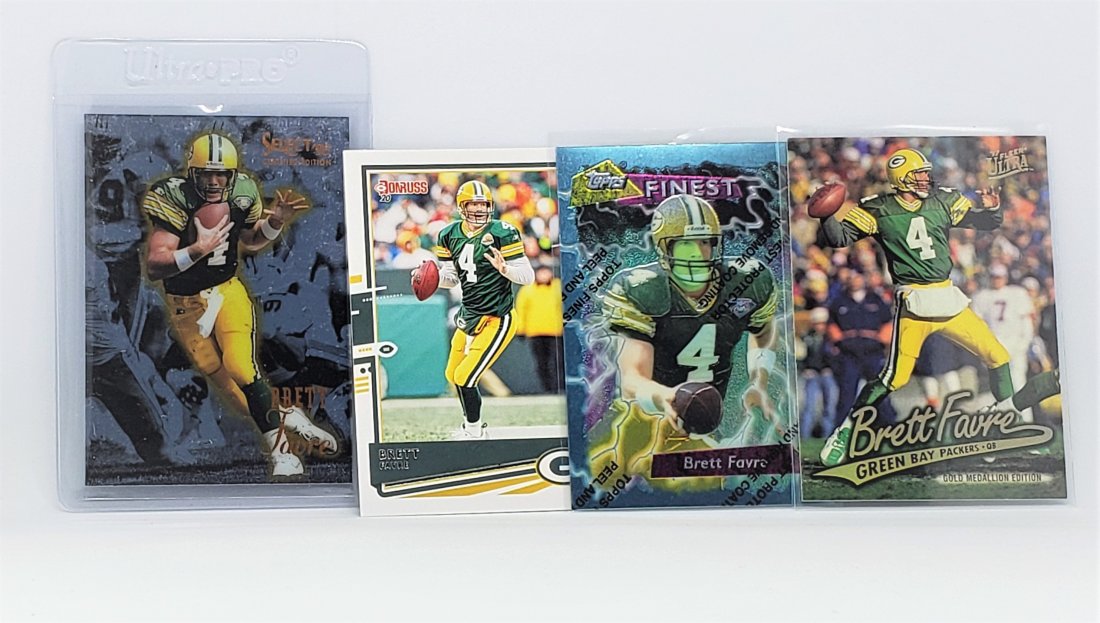 LOT OF 4 BRETT FAVRE GREEN BAY PACKERS CARDS: 1995 PNNACLE SELECT, 1997 FLEER ULTRA, 1995 TOPPS FINEST WITH PULL AWAY INTACT, 2020 PANINI DONRUSS
