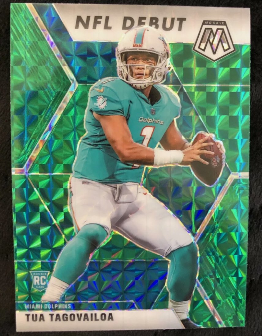 Tua Tagovailoa Miami Dolphins Green Mosaic Rookie Card: Tua Tagovailoa mosaic NFL Debut Green Reactive Prizm rookie card