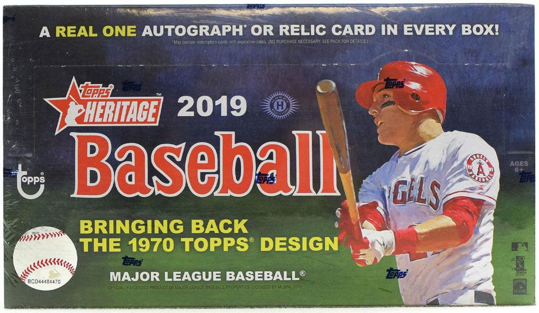 BLACK FRIDAY BONUS LOT 2019 HERITAGE HOBBY BOX: 2019 Topps Heritage Baseball Hobby Box. CASE FRESH FACTORY SEALED HOBBY BOX. Each Box of 2019 Topps Heritage Baseball contains One Autograph or Relic Card and One Box Loader! 24 Packs Per Box, 9 Cards