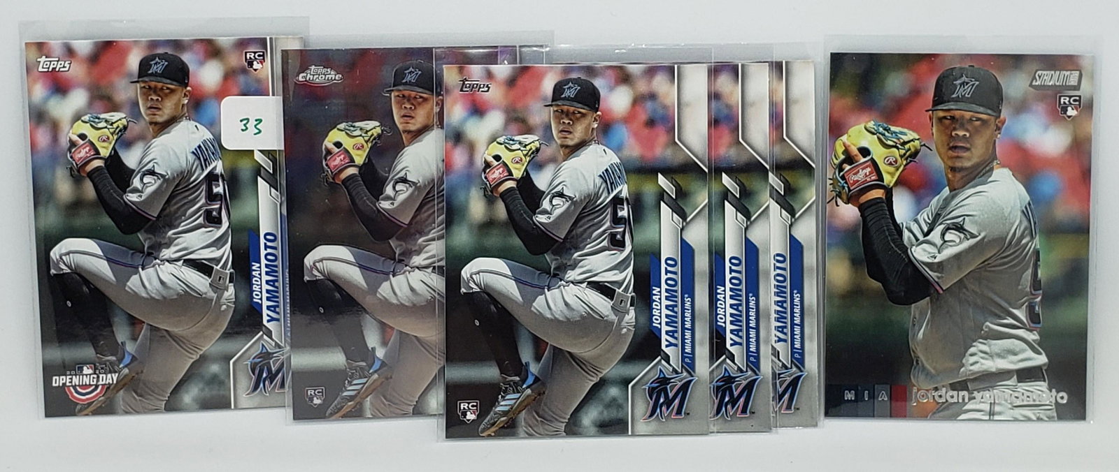 LOT OF 6 JORDAN YAMAMOTO MARLINS ROOKIE CARDS: 2020 TOPPS CHROME, 2020 TOPPS SERIES 1 (3) 2020 STADIUM CLUB, 2020 TOPPS OPENING DAY