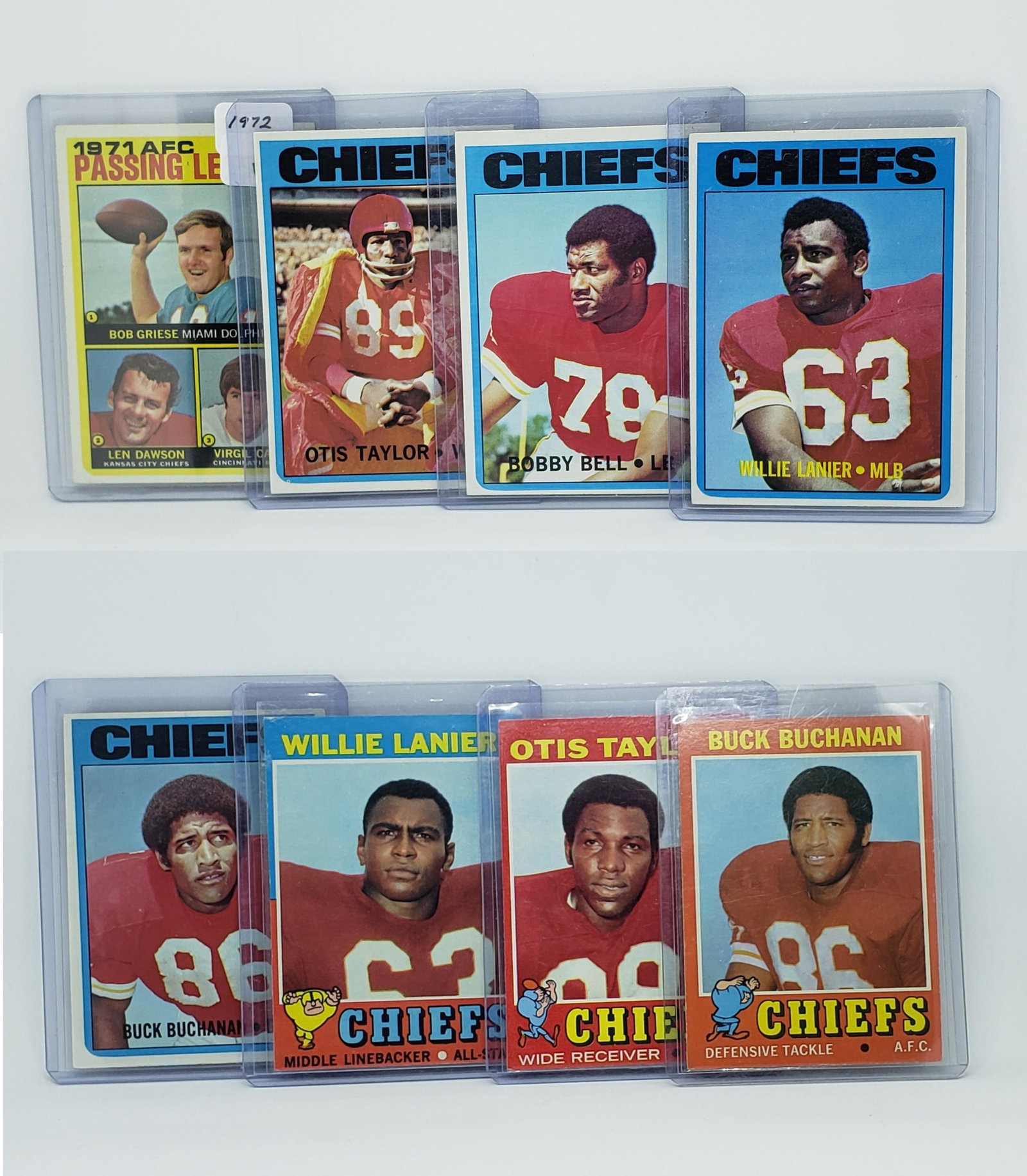 LOT OF 8 VINTAGE KANSAS CITY CHIEFS CARDS: 1971 TOPPS BUCK BUCHANAN, OTIS TAYLOR, 1972 LANIER, BUCHANAN, DAWSON LEADERS
