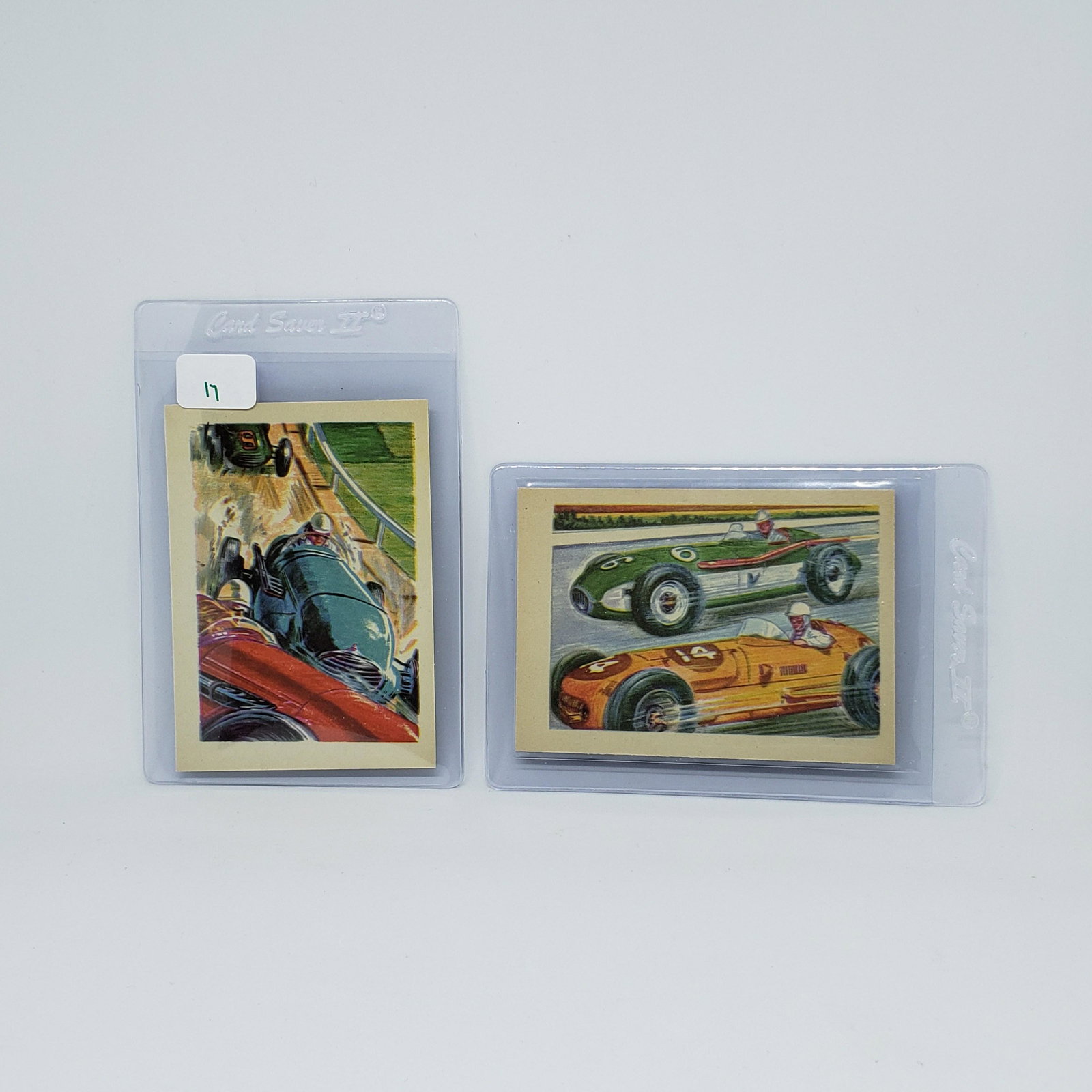 1956 GUM INC-ADVENTURE TRADING CARDS EXMT+: CARD #20 RACING NOT FOR BEGINNERS, #38 DIRT TRACK HOT-RODDERS