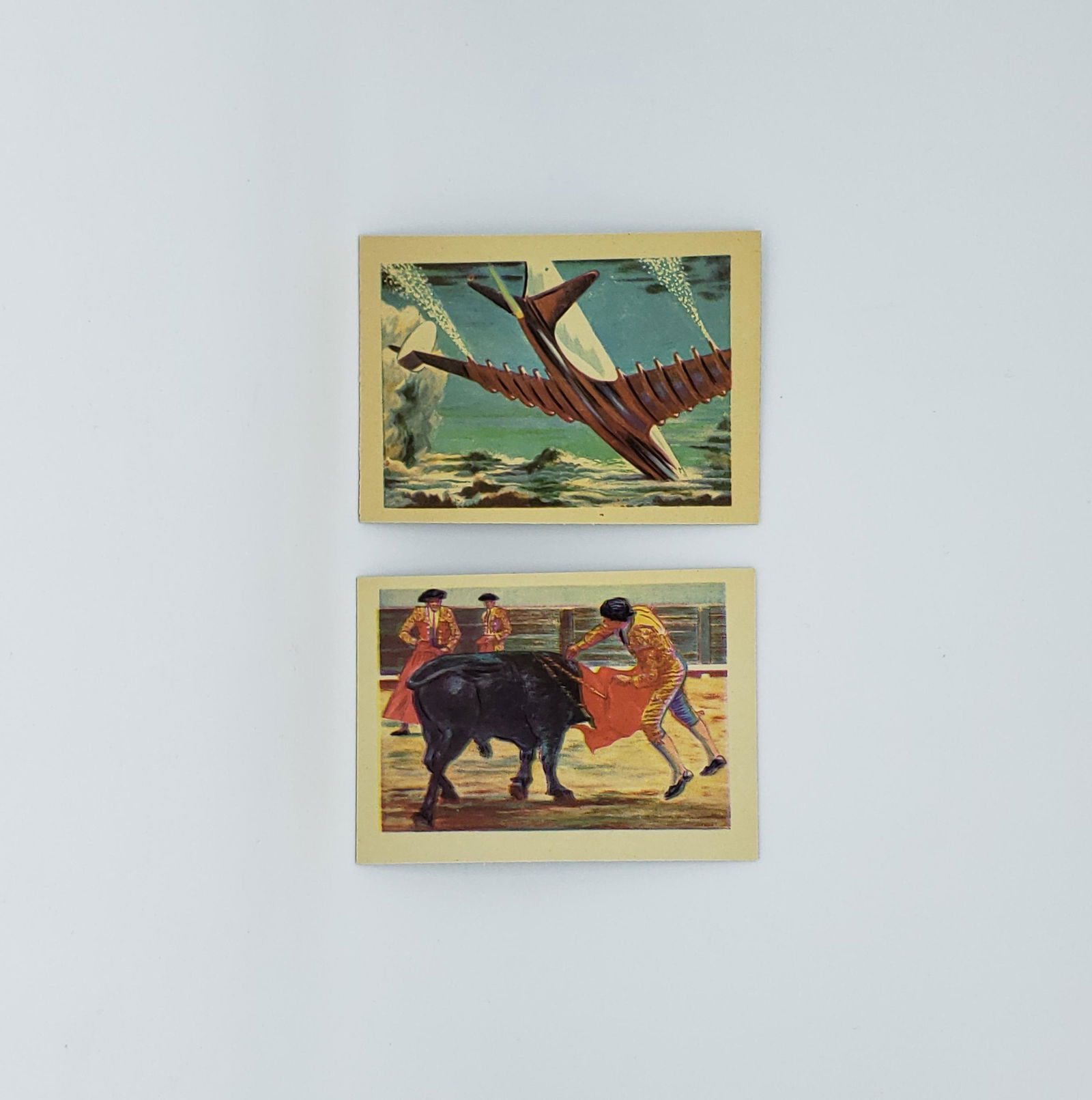 1956 GUM INC-ADVENTURE TRADING CARDS EXMT+: CARD #4 MANOLETTE BULL FIGHTER SUPREME, CARD #45 RAIN MAKING SCIENCE