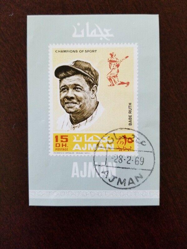BABE RUTH 1969 Ajman Cancelled Souvenir Sheet (1 of 1)