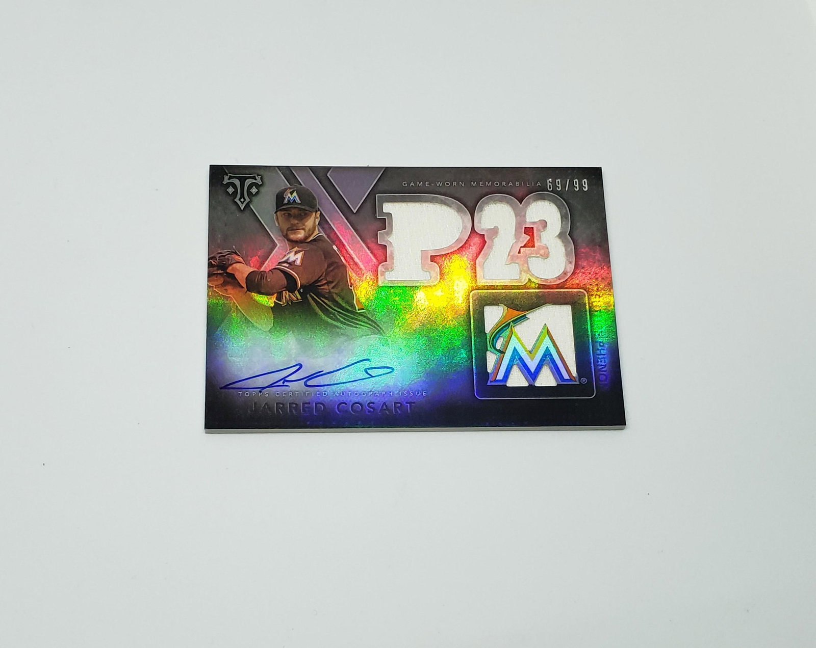 JARRED COSSART MIAMI MARLINS NUMBERED JERSEY CARD: 2019 TOPPS TRIPLE THREADS NUMBERED JERSEY CARD 69/99