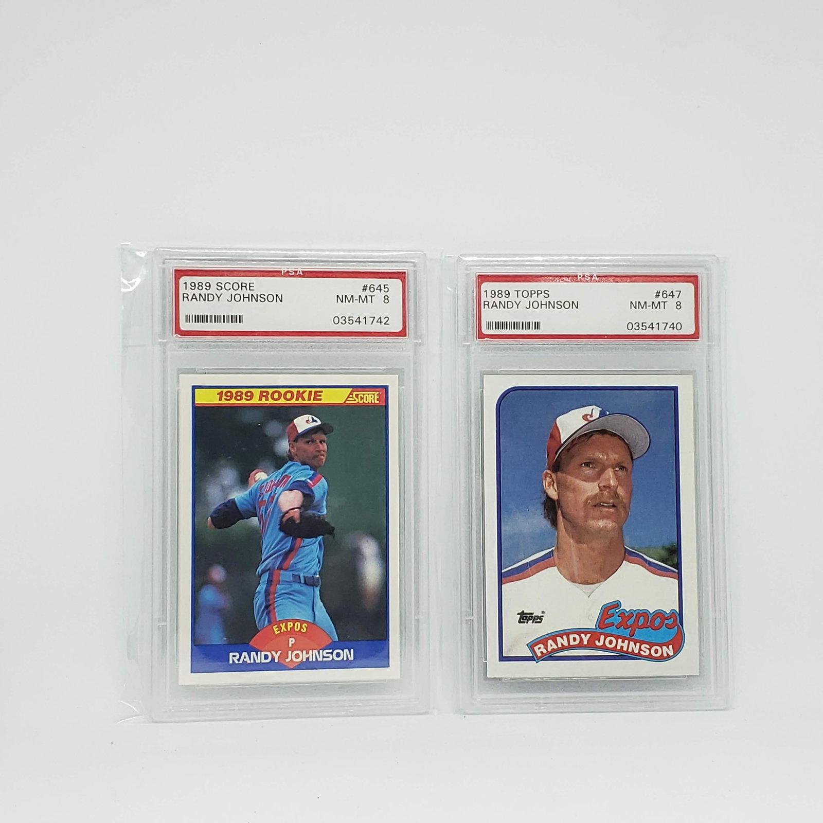1989 TOPPS #647, FLEER #645 RANDY JOHNSON PSA GRADED: 1989 TOPPS #647 RANDY JOHNSON PSA GRADED ROOKIE CARD, 1989 SCORE PAS GRADED ROOKIE CARD