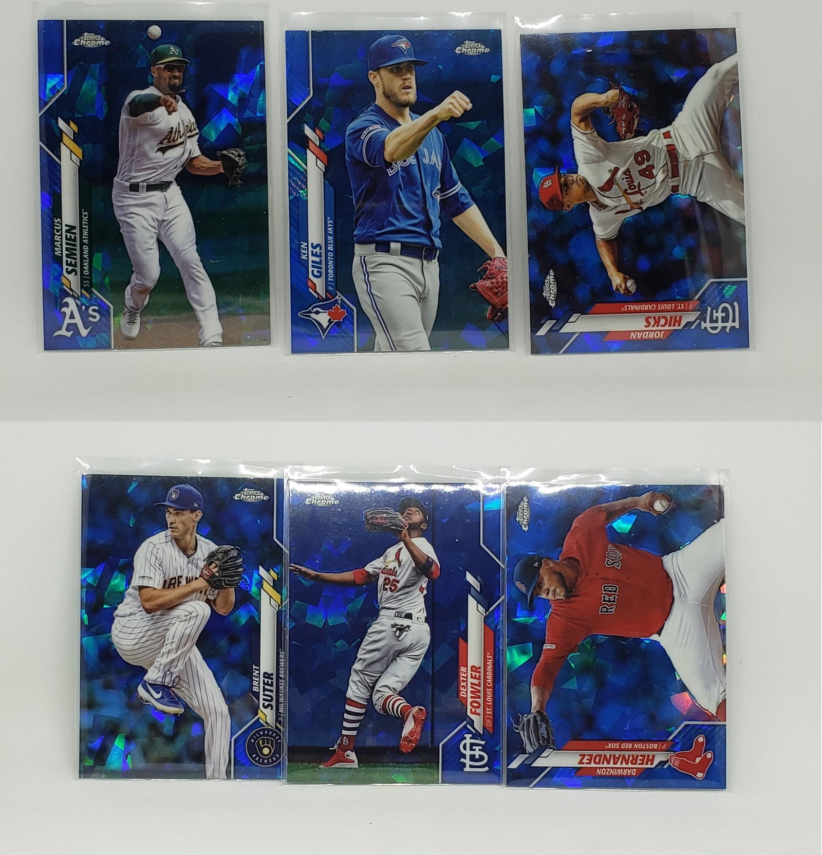 (6) 2020 TOPPS CHROME SAPHIRE BASEBALL CARDS: FREDDY PERALTA, BRIAN GOODWIN AND MORE