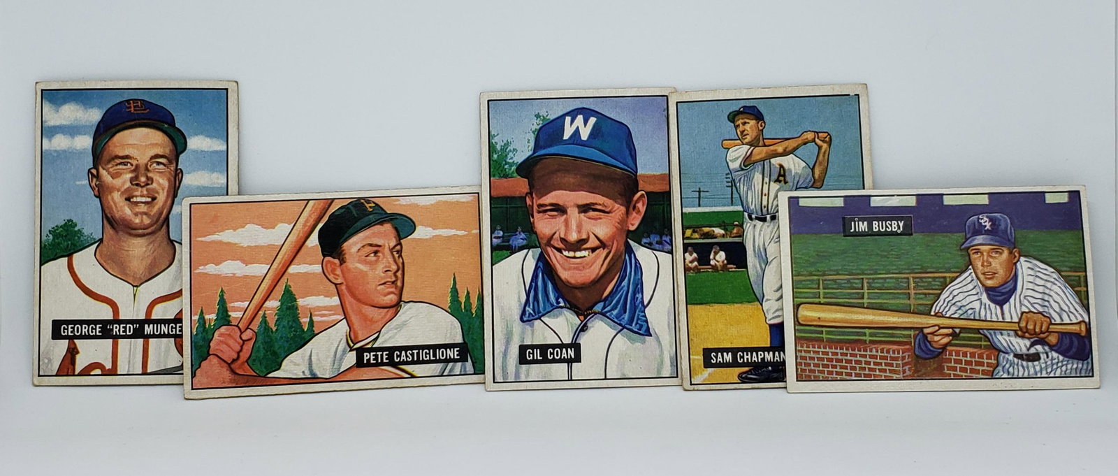LOT OF 5 1951 BOWMAN BASEBALL CARDS: GEORGE "RED" MUNGER, WARREN HACKER AND MORE