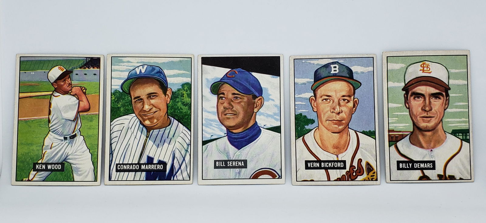 LOT OF 5 1951 BOWMAN BASEBALL CARDS: BILLY DEMARS, CONRADO MARRERO AND MORE
