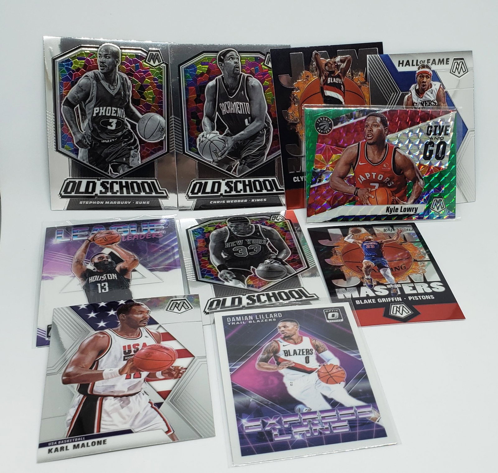 LOT OF 10 BASKETBALL INSERT CARDS: LOWRY GREEN MOSAIC, MALONE, TEAM USA, PATRIC EWING OLD SCHOOL