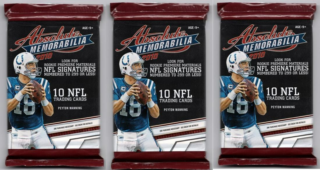 2010 ABSOLUTE MEMORABILIA PACKS: 3 SEALED PACKS LOOK FOR ROOKIE PREMIERE MATERIALS, NFL SIGS NUMBERED TO 299 OR FEWER
