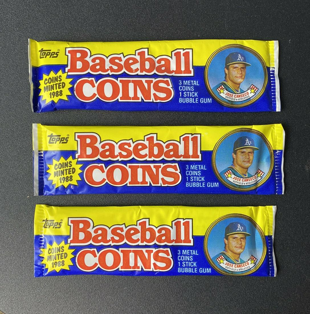 1988 TOPPS BASEBALL COINS SEALED PACK LOT: 4 PACKS OF TOPPS BASEBALL COINS PULLED FROM FRESH RETAIL BOX