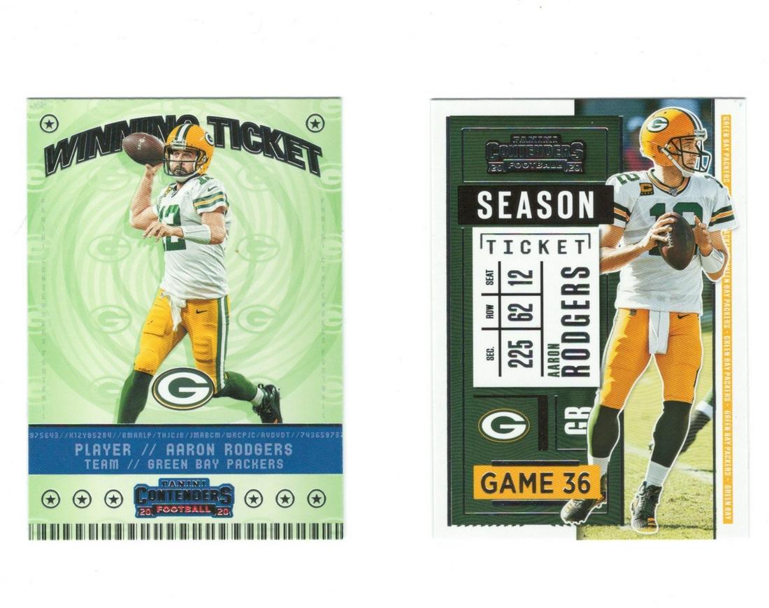 LOT OF 2 AARON RODGERS GB PACKERS CARDS: 2020 PANINI CONTENDERS AARON RODGERS WINNING TICKET INSERT + SEASON TICKET