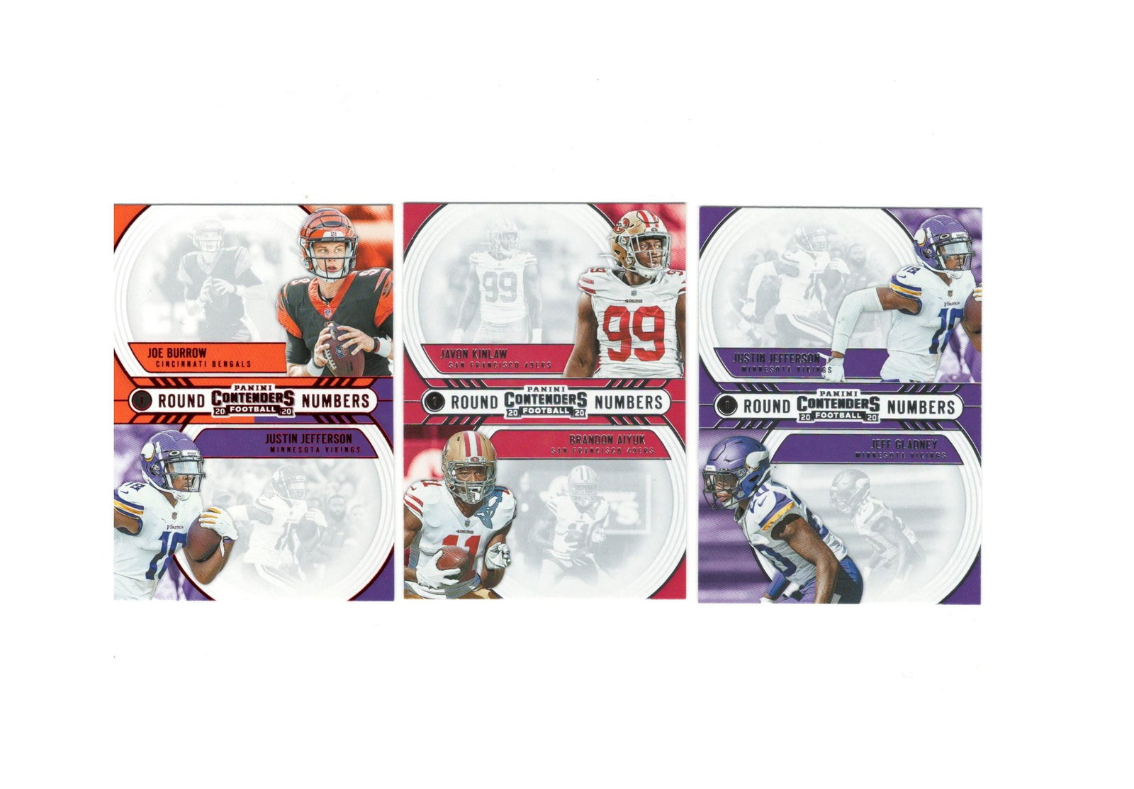 2020 CONTENDERS JOE BURROW ROOKIE CARD LOT: JOE BURROW AND JUSTIN JEFFERSON RED FOIL SP, JUSTIN JEFFERSON AND JEFF GLADNEY ROOKIES