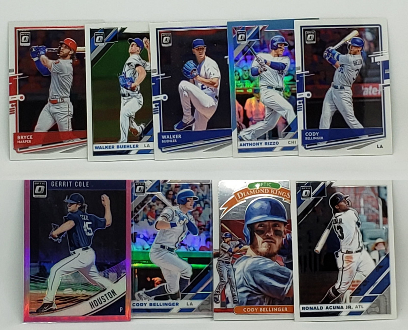 LOT OF 9 PANINI DONRUSS OPTIC BASEBALL CARDS: WALKER BUEHLER, CODY BELLINGER GERIT COLE PINK HOLO
