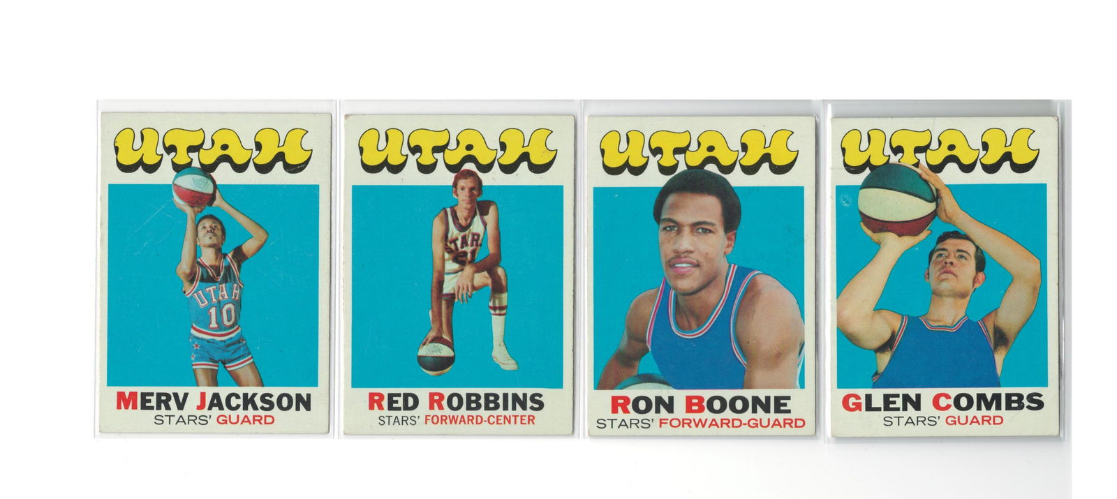 VINTAGE UTAH JAZZ ABA BASKETBALL CARDS: 1971-72 TOPPS BASKETBALL CARDS #154, 178, 215, 233 NICE LOT EX CONDITION OR BETTER A FEW W/ VERY LIGHT CORNER WEAR ON SOME NO CREAES.