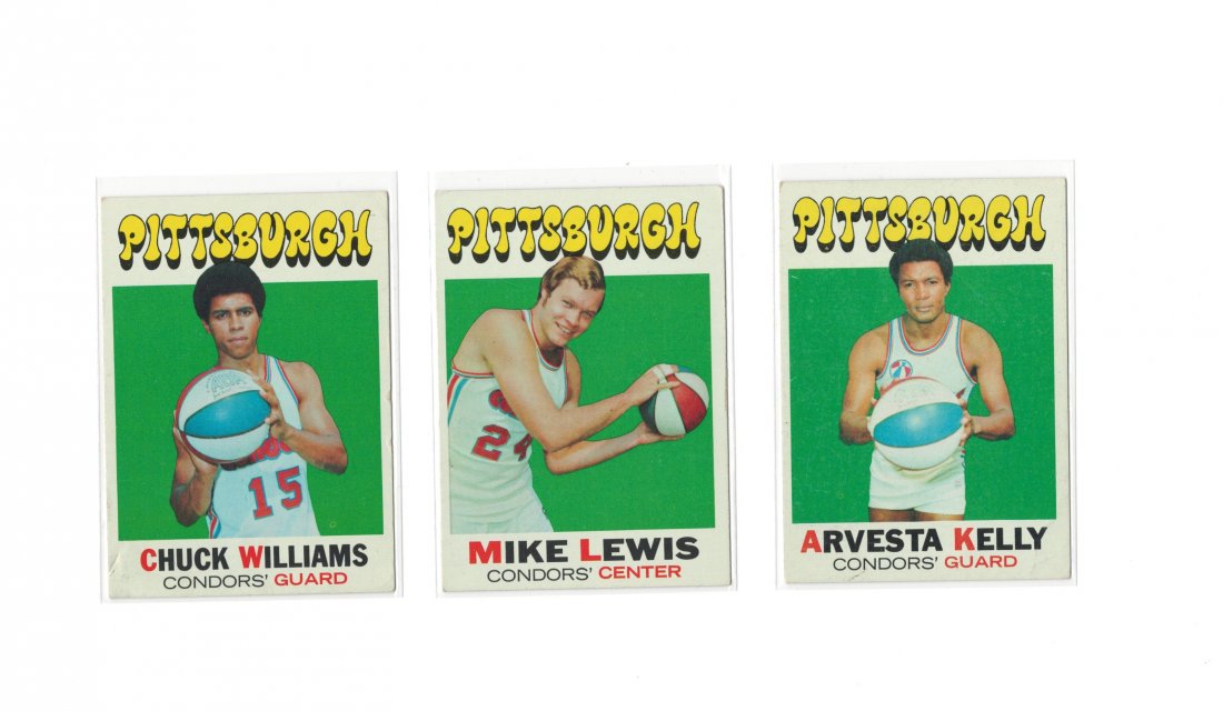 VINTAGE PITTSBURGH CONDORS ABA BASKETBALL CARDS: 1971-72 TOPPS BASKETBALL CARDS #218 CHUCK WILLIAMS, #189 MIKE LEWIS, #228 ARVESTA KELLY NICE LOT EX CONDITION VERY LIGHT CORNER WEAR ON SOME
