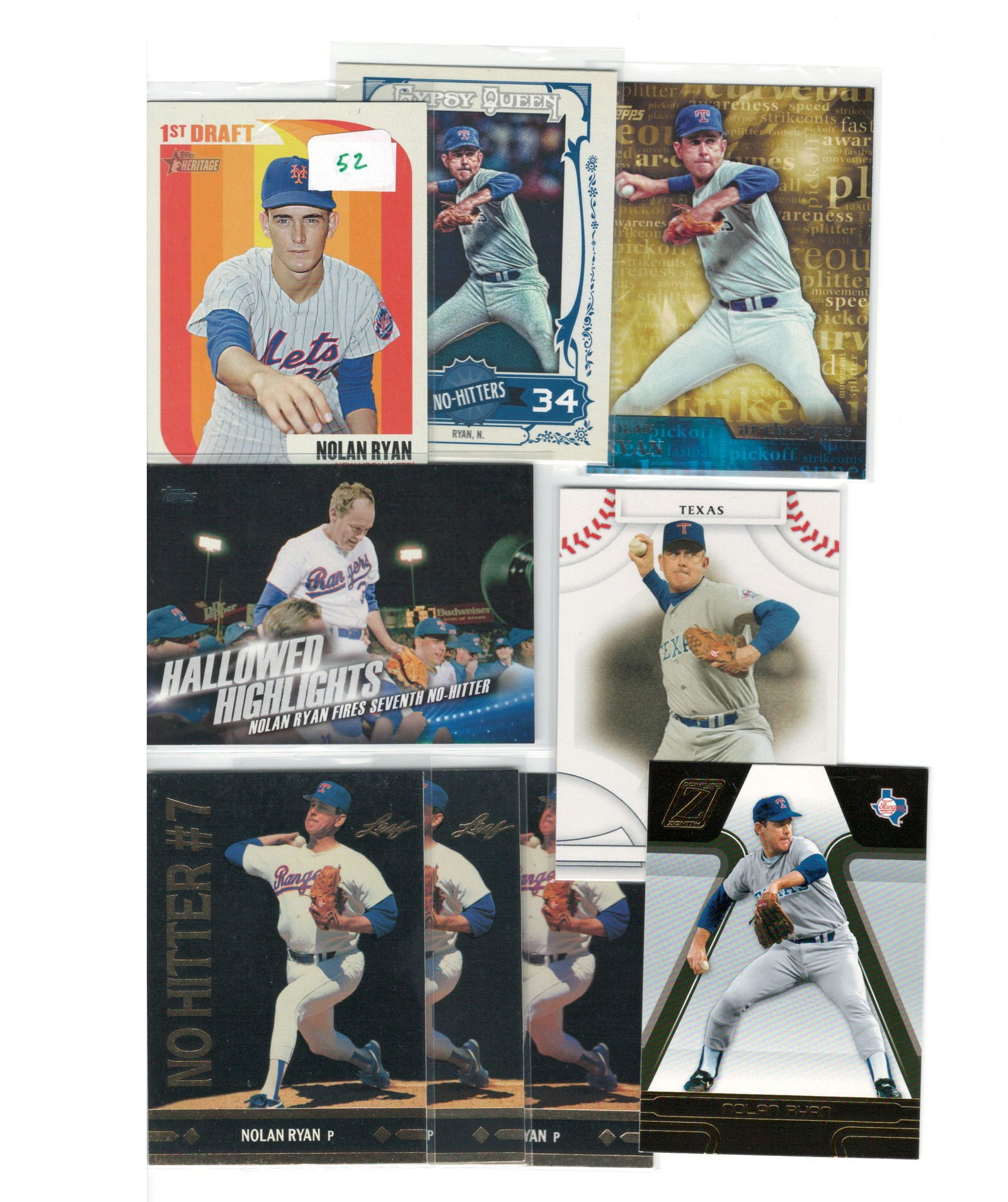 LOT OF 9 NOLAN RYAN RANGERS METS CARDS: 2014 HERITAGE, 2003 ZENITH, NO HITTER #7