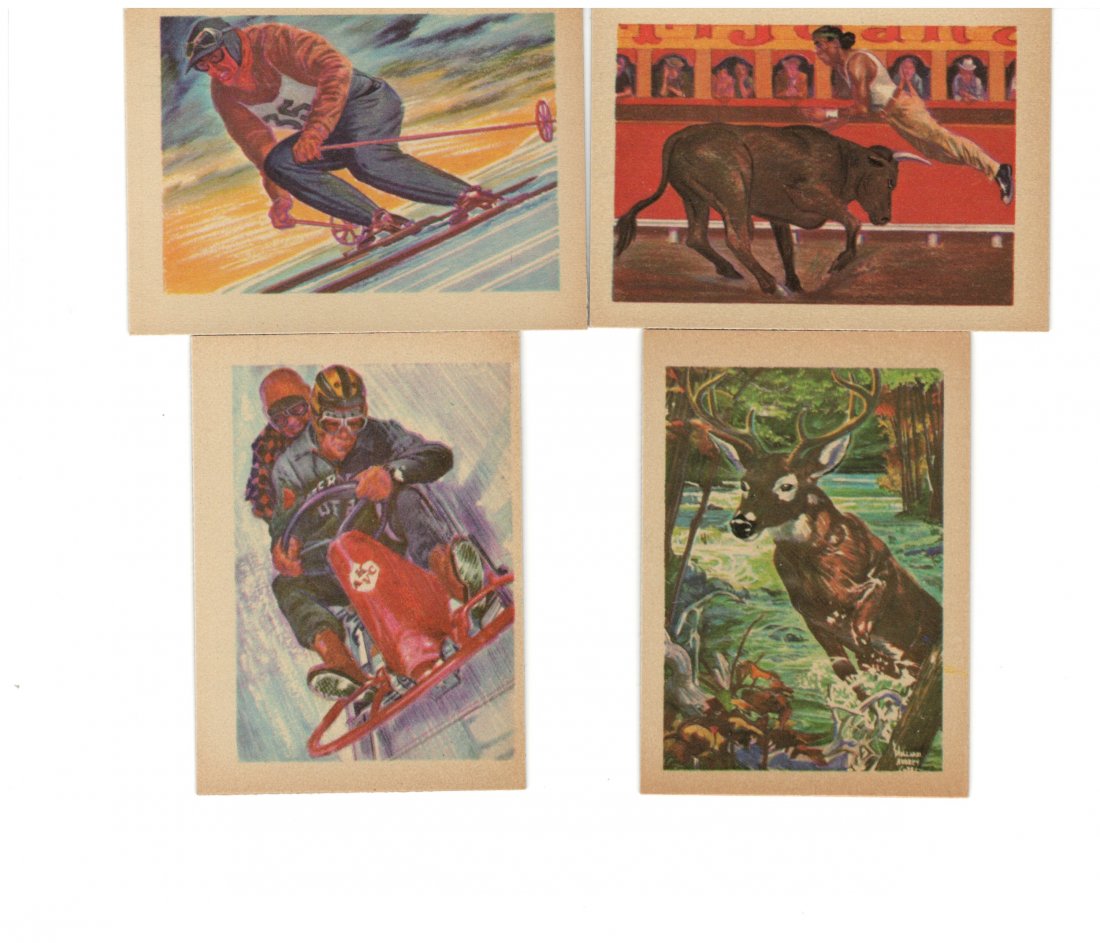 LOT OF 4 GUM INC 1956 ADVENTURE CARDS: #10 BOBSLED, #9 SKIER , #65 DEER, AND #56 BULL FIGHTER
