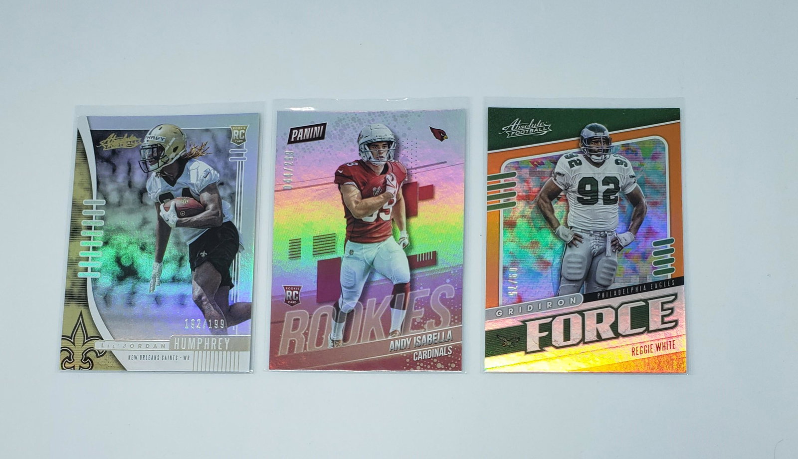 PANINI FOOTBAL SERAIL NUMBERED PARALLLEL: REGGIE WHITE, LIL JORDAN HUMPRIES, ANDY ISABELLA RC