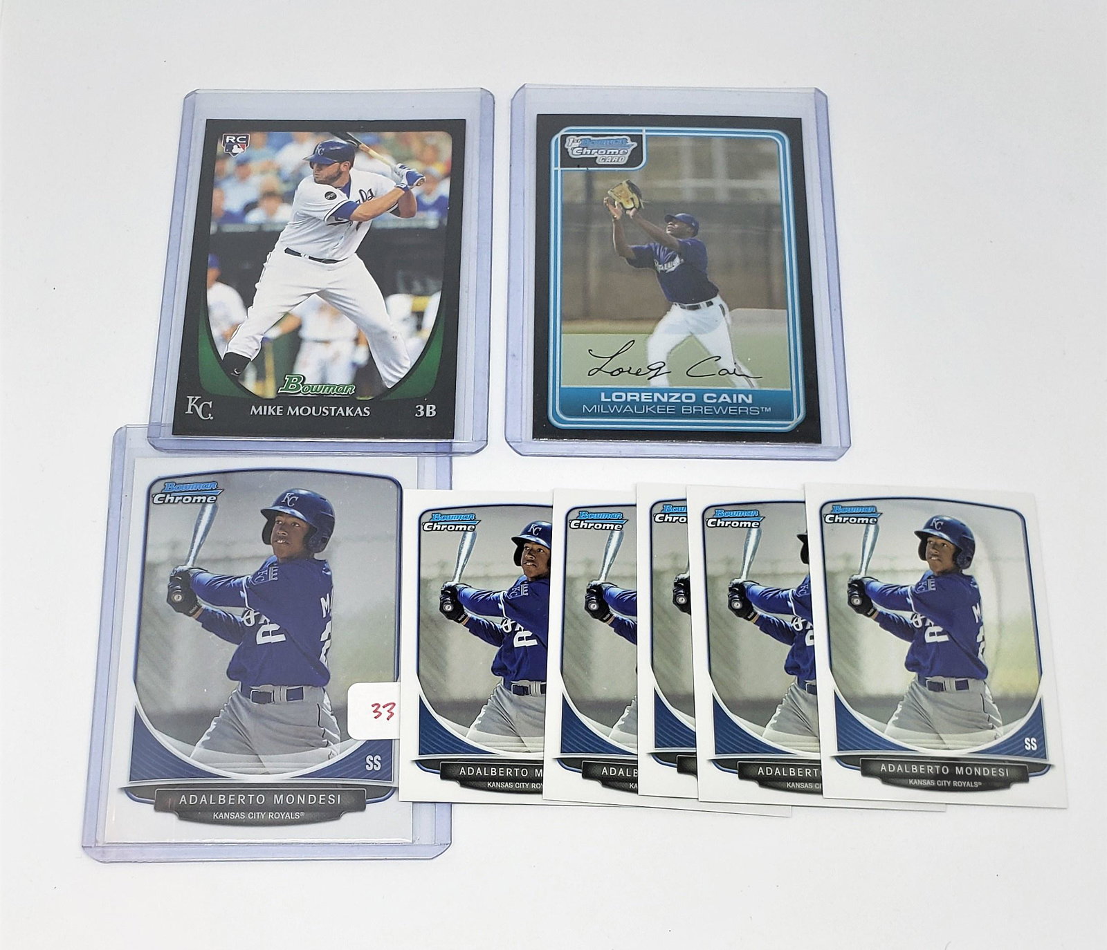 KANSAS CITY ROYALS ROOKIE CARD LOT: LORENZO CAIN MIKE MOUSTAKAS ALBERTO MONDESI CHROME MINI ROOKIE CARDS