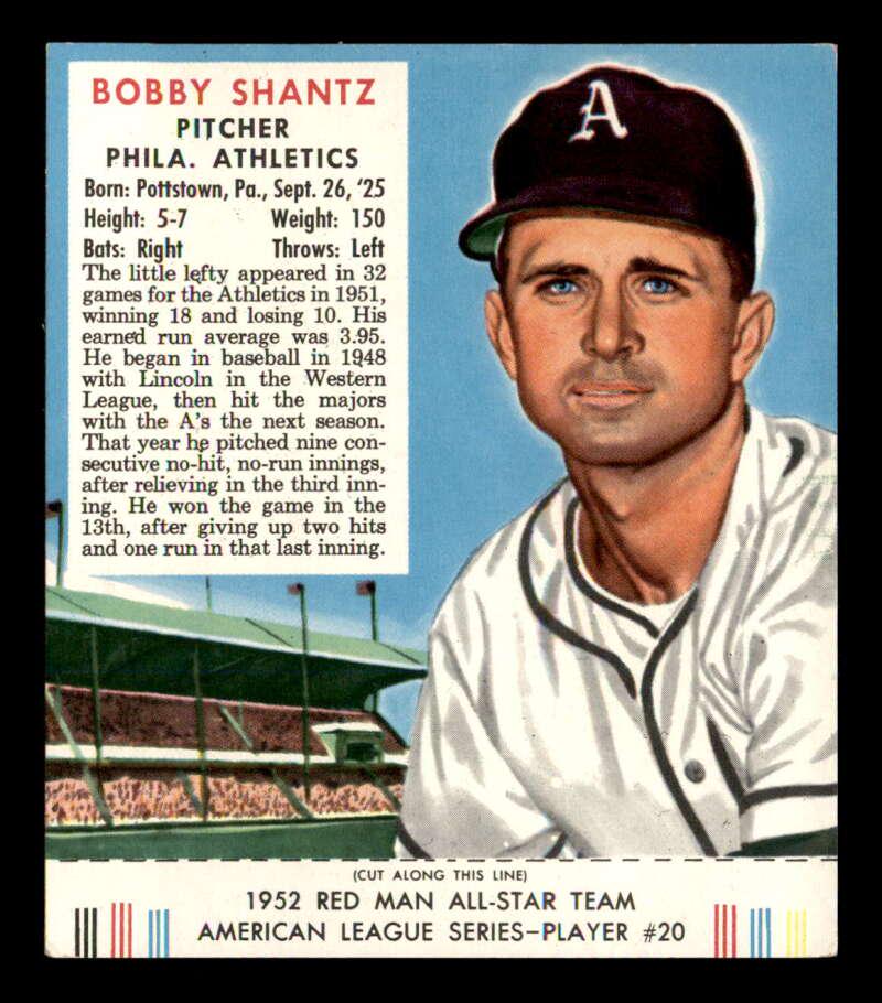 1952 Red Man AL w Tab #20 Bobby Shantz PHILA. A'S (1 of 2)