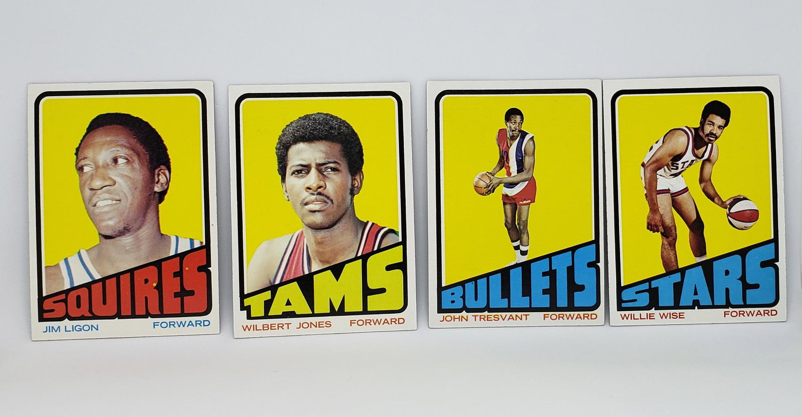 1972-73 TOPPS BASKETBALL CARDS EXMT CONDITION: LOT OF 4 CARDS WITH WILLIE WISE UTAH STARS, JIM LIGDON KENT. SQUIRES AND WILBERT JONES MEMPHIS TAMS