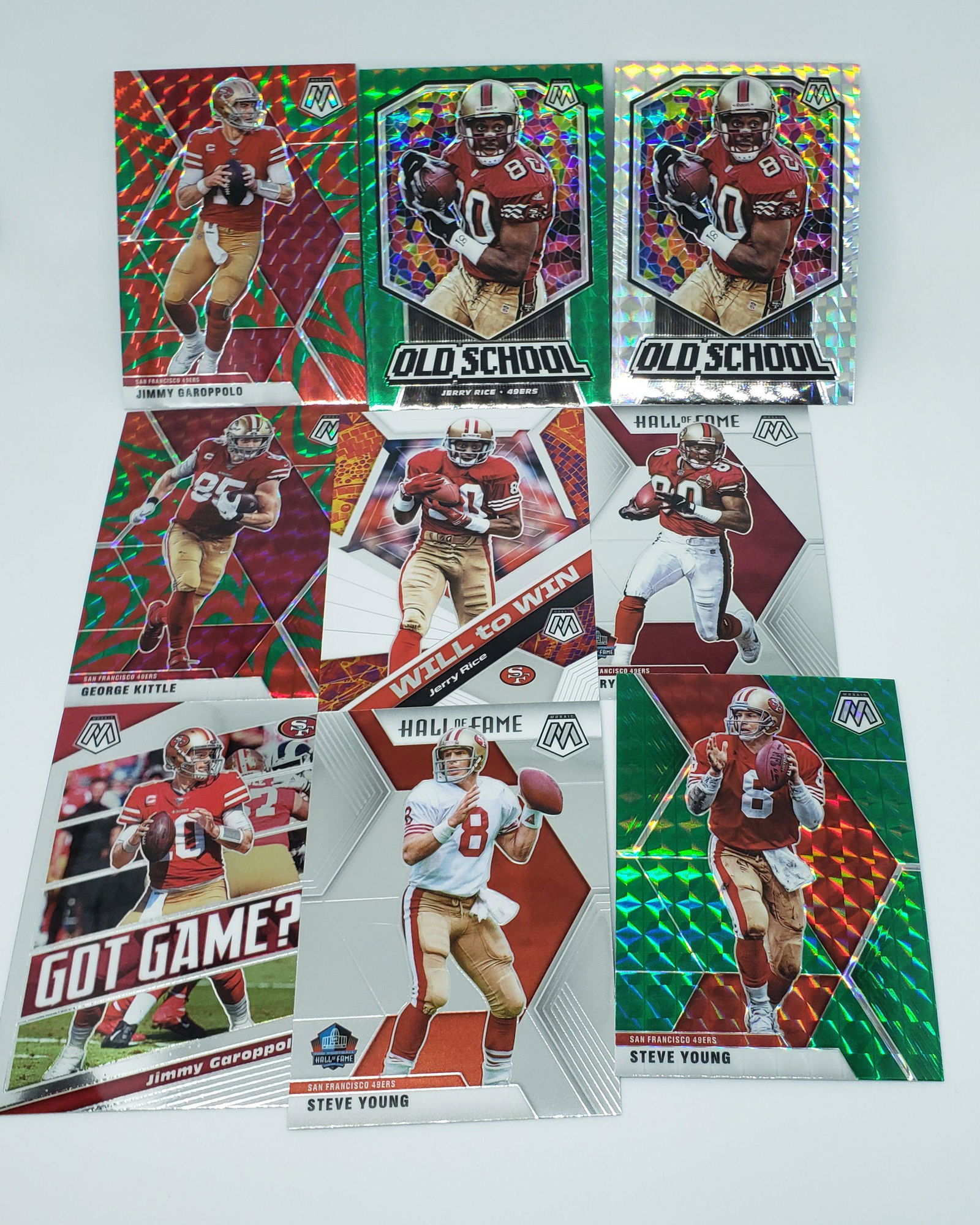 LOT OF 9 SF 49ers MOSAICS WITH PRIZMS: GREG KITTLE GREEN REACTIVE PRIZM, JERRY RICE OLD SCHOOL GREEN PRIZM, STEVE YOUNG