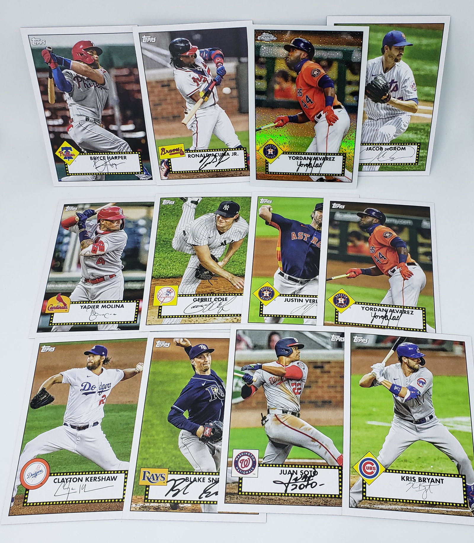 2021 Topps Series 1 Baseball 1952 Redux Insert LOT (12): BRYCE HARPER, YORDAN ALVAREZ CHROME, RONALD ACUNA JR, JACOB DEGROM, JUAN SOTO