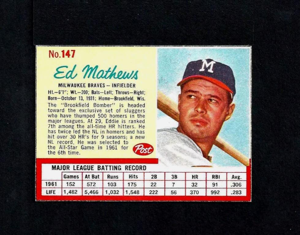 1962 POST #147 EDDIE MATHEWS BRAVES NRMT (1 of 2)