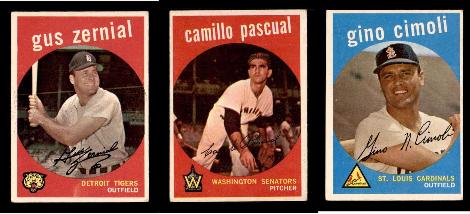 1959 Topps #409 Gus Zernial, #413 Camilo Pascual, #418: 1959 Topps #409 Gus Zernial, #413 Camilo Pascual, #418 Gino Cimoli