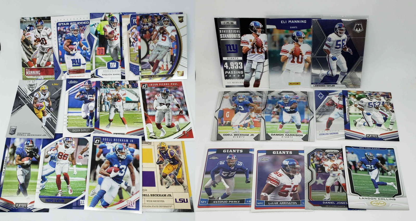 NEW YORK GIANTS FOOTBALL CARDS TEAM LOT OF 25: ELI MANNING, LAWRENCE TAYLOR, ODB JR., SAQUON BARKELY AND MORE POSSIBLE LIGHT DUPLICATION