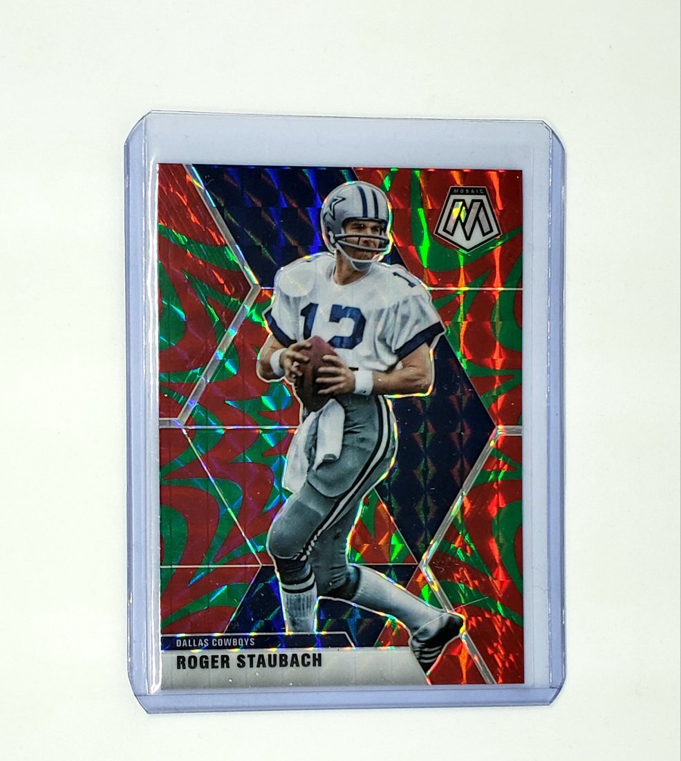 Roger Staubach Cowboys Mosaic red reactive prizm: Roger Staubach Cowboys Mosaic green reactive prizm