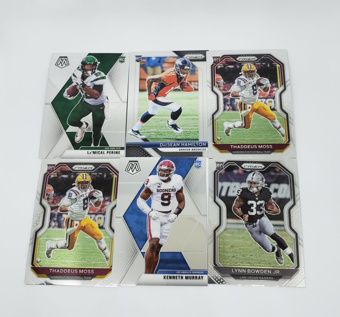Lot of 6 Prizm & Mosaic Rookie football cards: Thaddeus Moss, La'Mical Perrine, DaeShawn Hamilton
